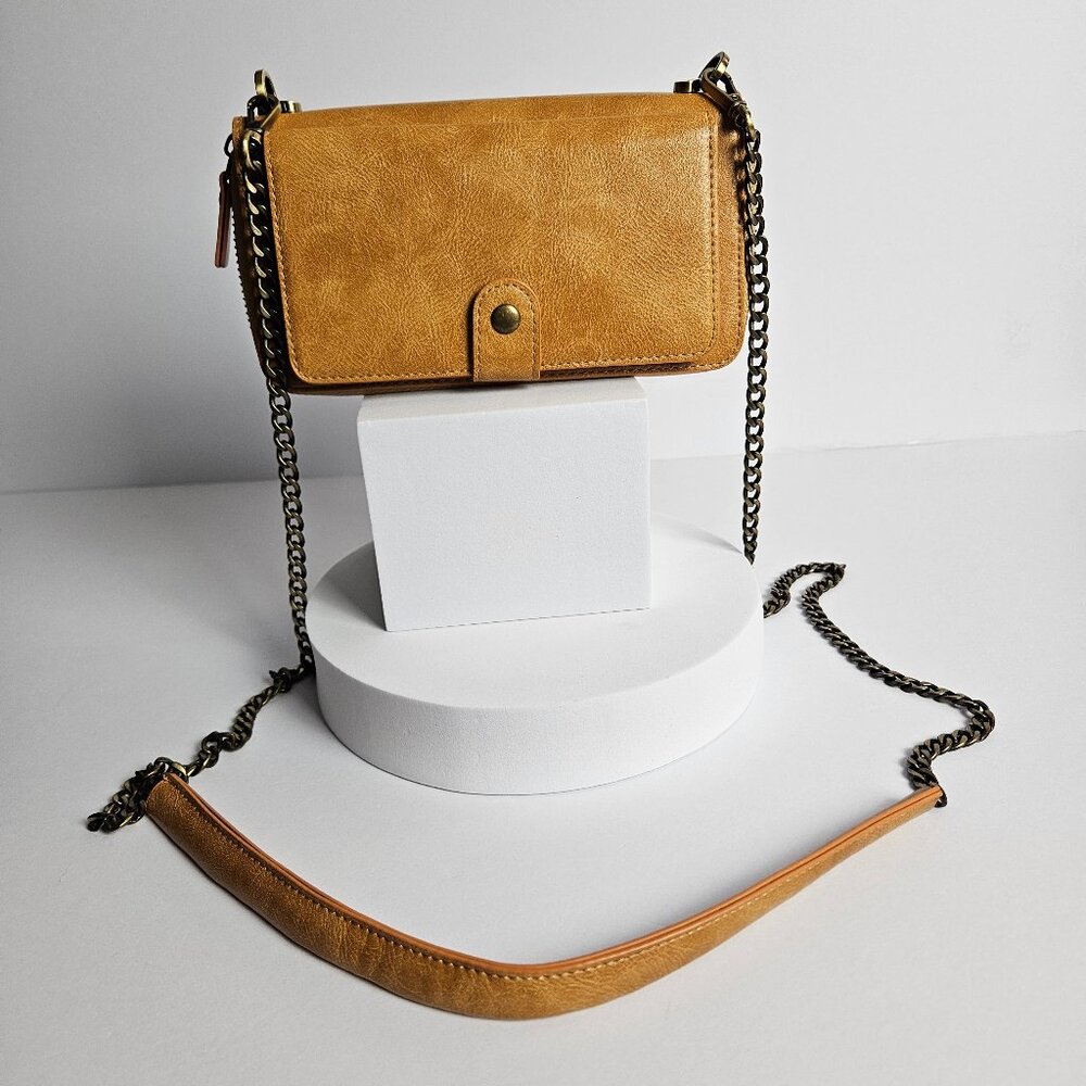 Faux Leather Crossbody Clutch Bag – Camel Brown, w/ Trendy Removable Chain Strap